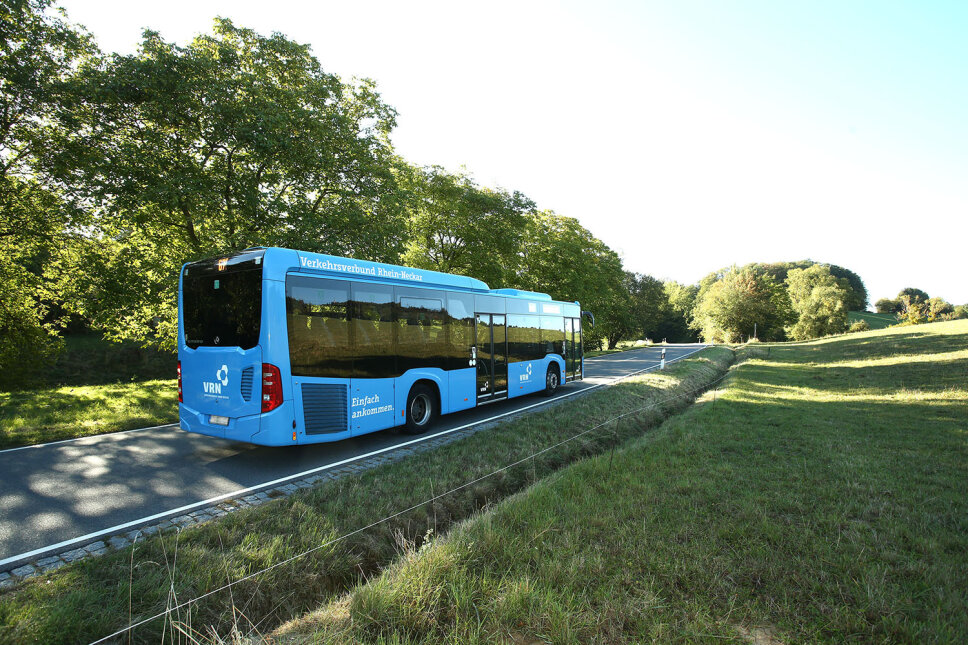 ein blauer Bus auf einer Landstrasse